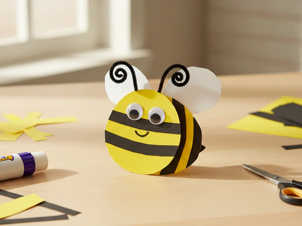 Finished cute paper bee craft with yellow body, black stripes, white wings, and googly eyes on a white craft table