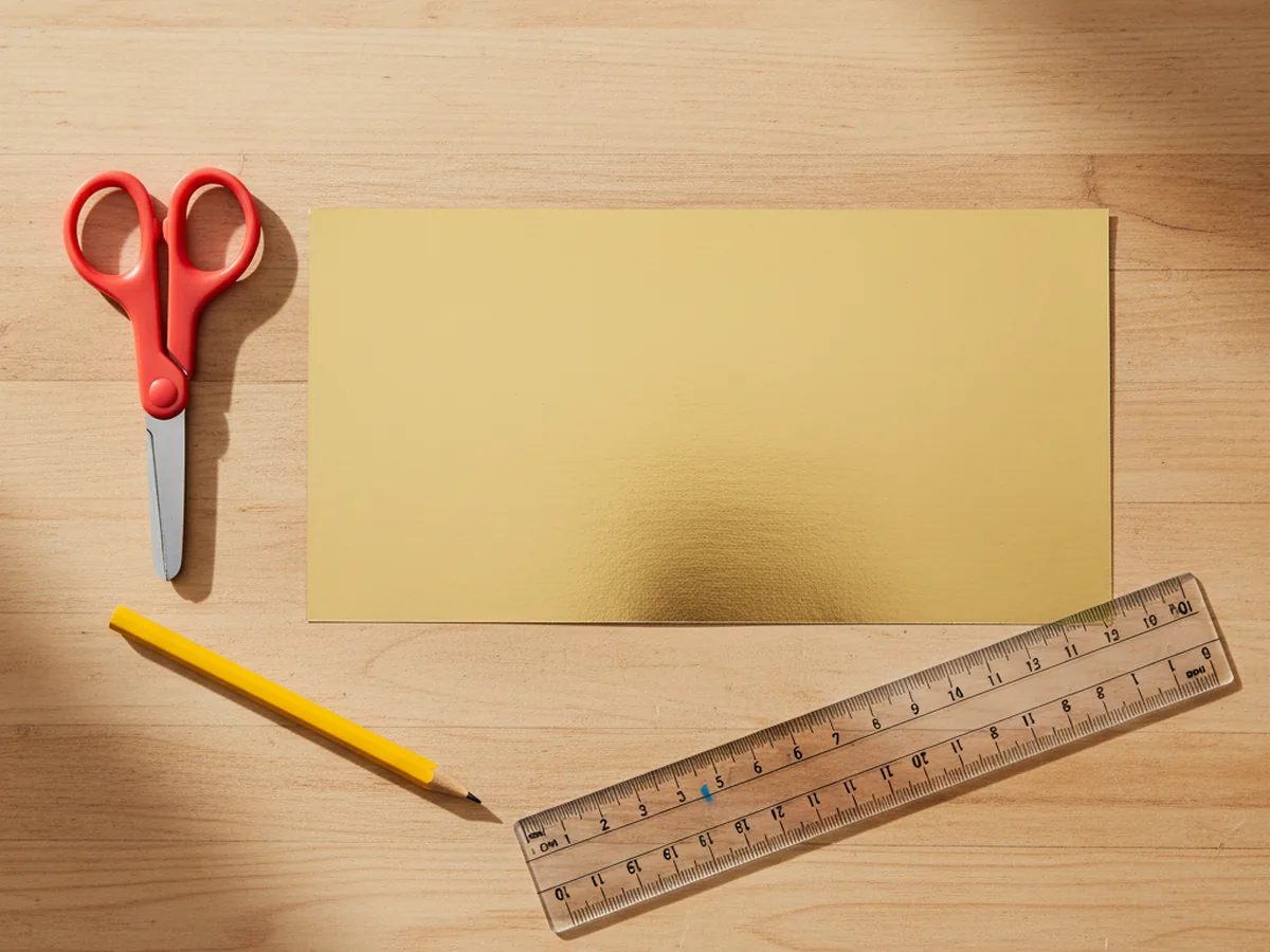 A long flat strip of gold cardstock about four inches tall and twenty inches wide laid out on a light wood craft table next to kid scissors a pencil and a ruler ready to become a paper birthday crown