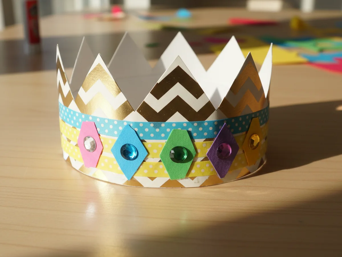 The zigzag paper birthday crown now decorated with washi tape and small bright pink blue green and purple construction paper jewel shapes glued in a row each topped with a shiny self adhesive rhinestone gem sticker