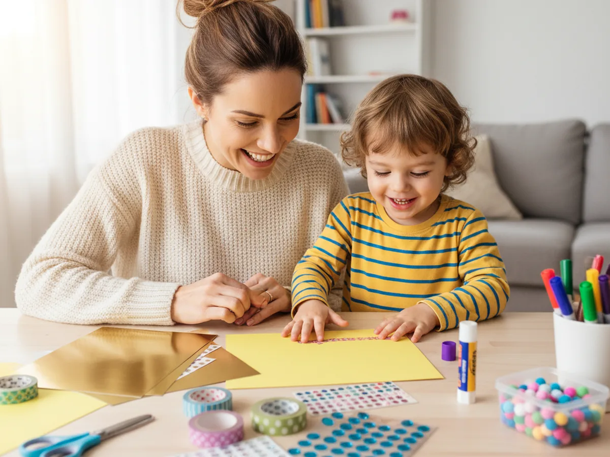A mom and a young child sitting at a light wood craft table with gold cardstock washi tape rolls gem stickers and small pom poms smiling together as they start to build a paper birthday crown