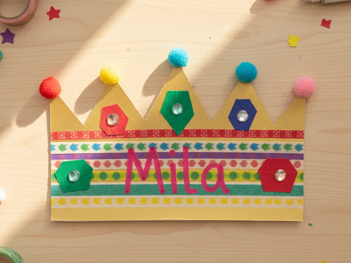 The decorated paper birthday crown with the name Mila written in bright pink marker across the front center and a small fluffy red yellow blue or pink pom pom glued on top of each zigzag crown point lying flat on a craft table