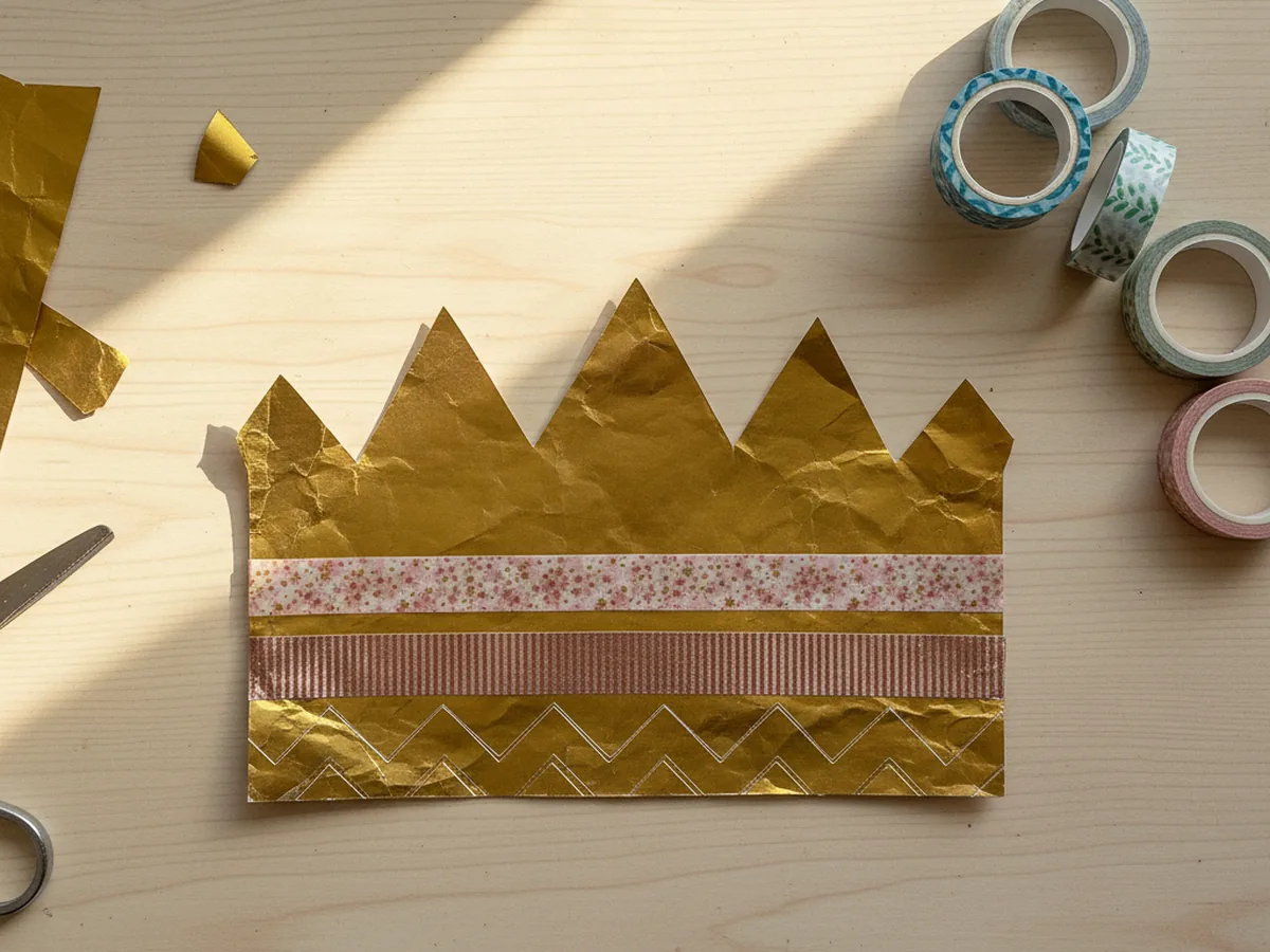 The gold zigzag paper crown now decorated with two strips of pretty pink and floral washi tape running horizontally across the middle band laid flat on a light wood craft table