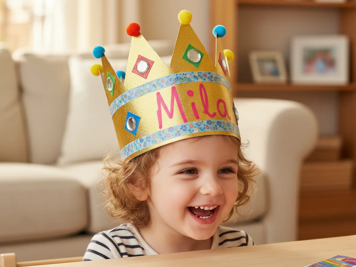 A smiling young child wearing the finished sparkly handmade paper birthday crown gold cardstock zigzag points decorated with washi tape paper jewels gem stickers and pom poms with their name in bright pink marker across the front