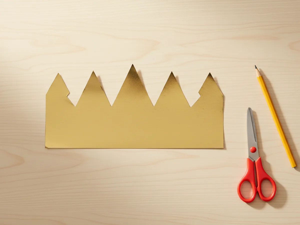 The same gold cardstock strip now with a clean zigzag of five tall triangle points cut along the top edge sitting flat on a light wood craft table next to kid scissors and a pencil