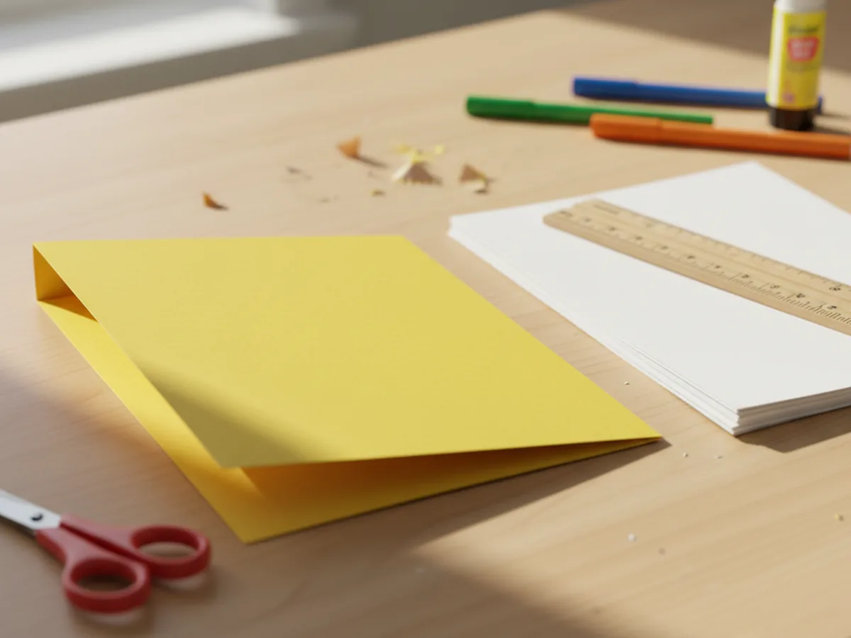 A piece of bright yellow cardstock folded in half on a craft table beside a neat stack of white paper pages