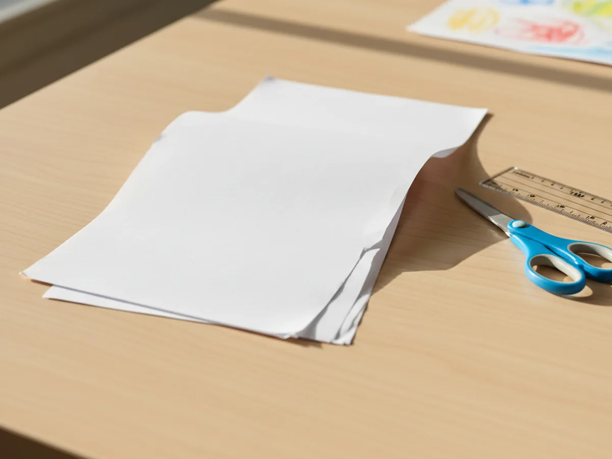 Several white printer paper sheets folded in half on a wooden craft table, with child-safe scissors and a ruler beside them