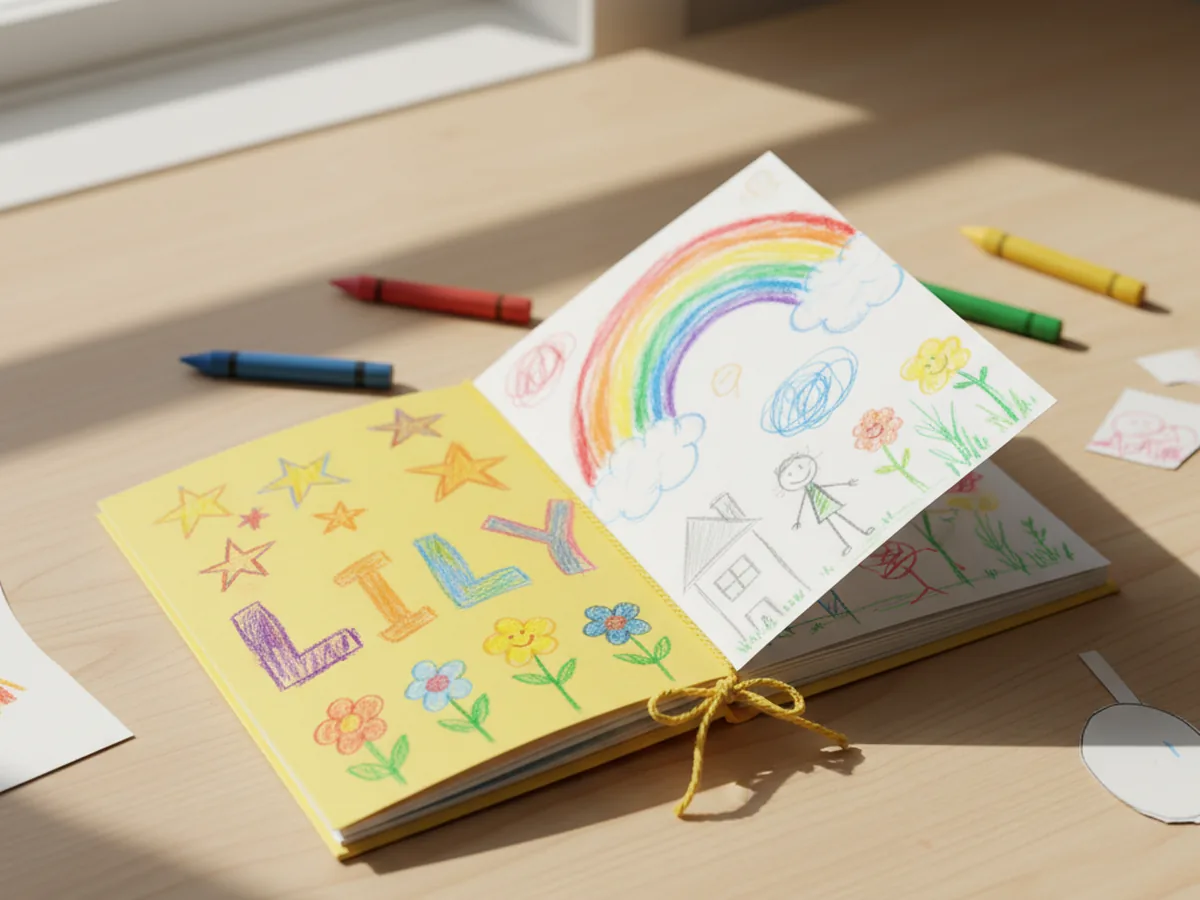 A finished handmade paper mini book with a brightly crayon-decorated cardstock cover lying open on a craft table with crayons scattered around it
