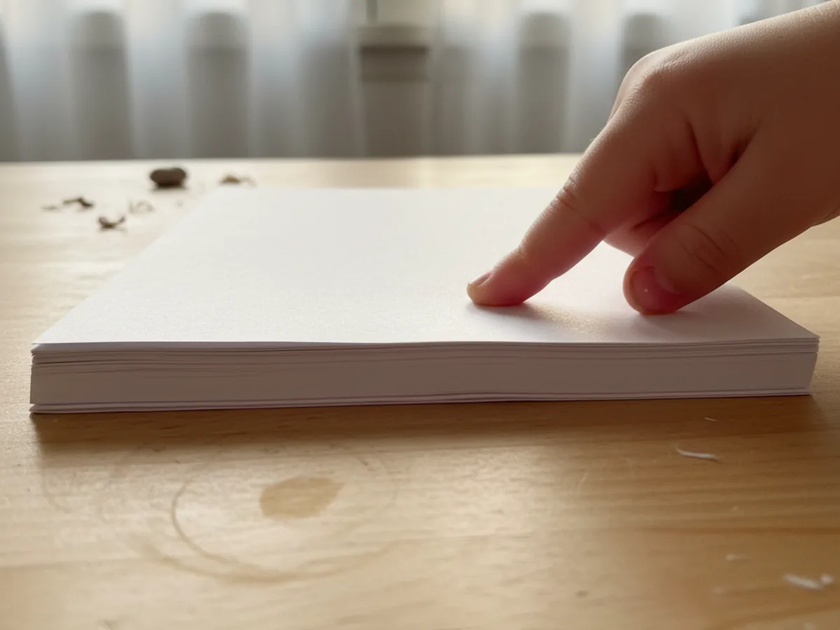 Neatly stacked white paper pages folded in half on a craft table, edges aligned, ready to be bound into a mini booklet