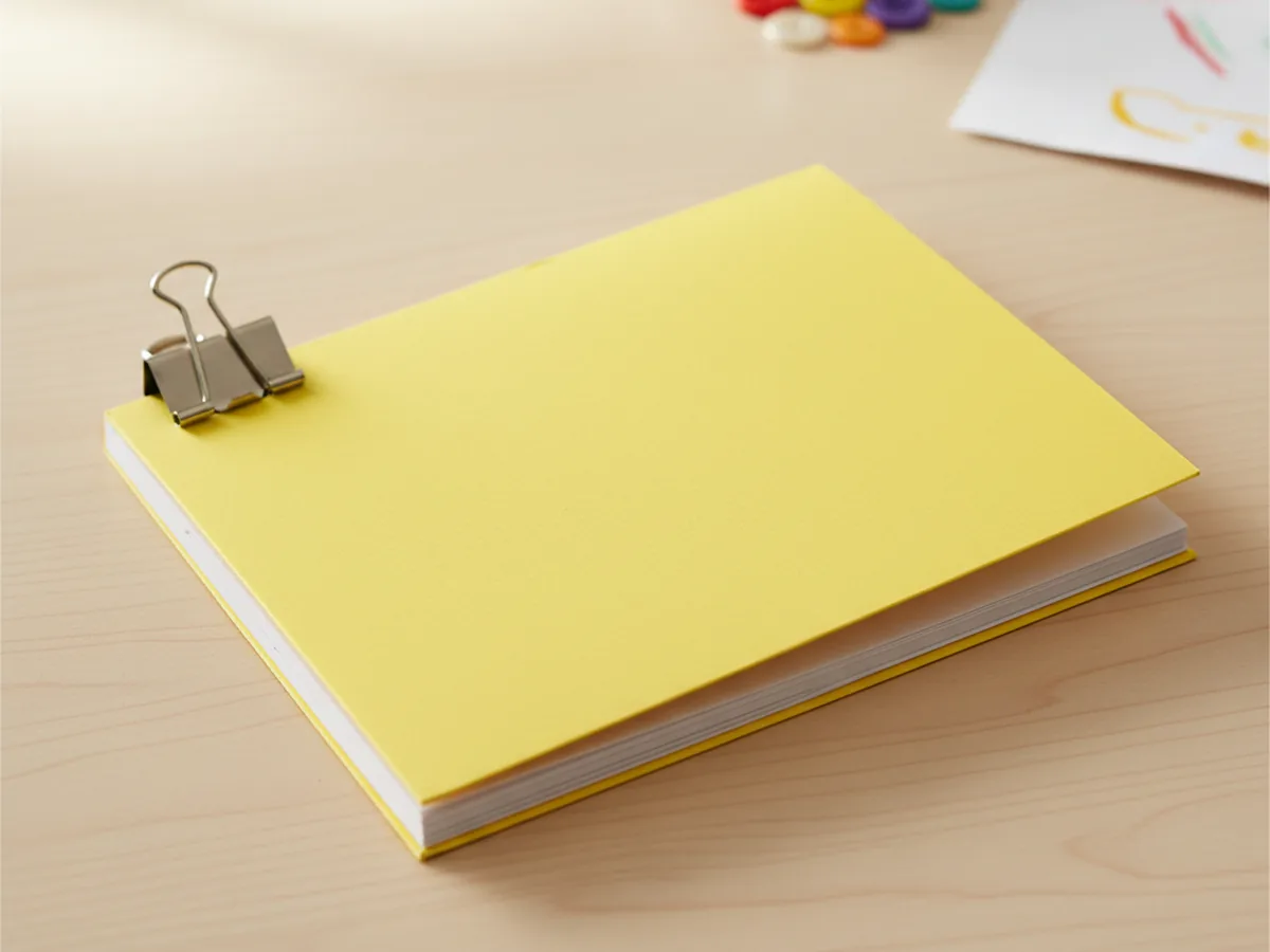 White paper pages neatly nested inside a bright yellow cardstock cover, spine edge aligned, ready for hole punching