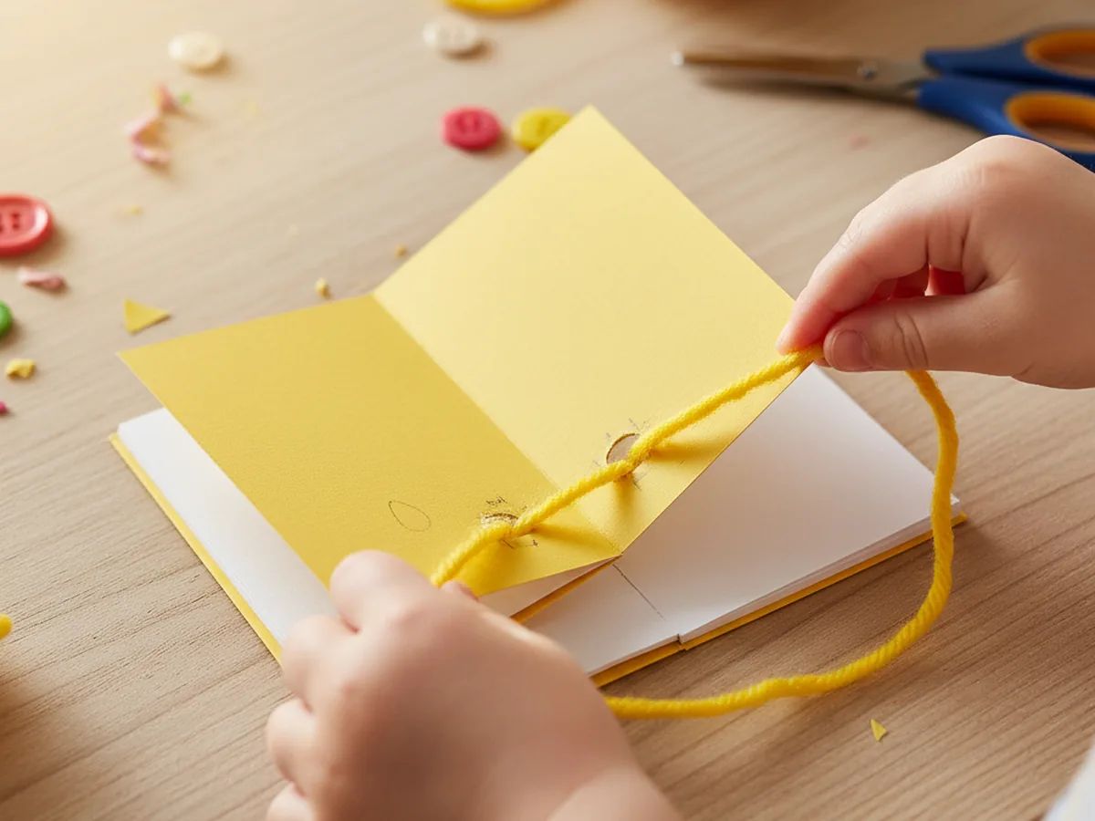 Child's hands threading yellow yarn through hole-punched holes along the spine of a small handmade paper booklet