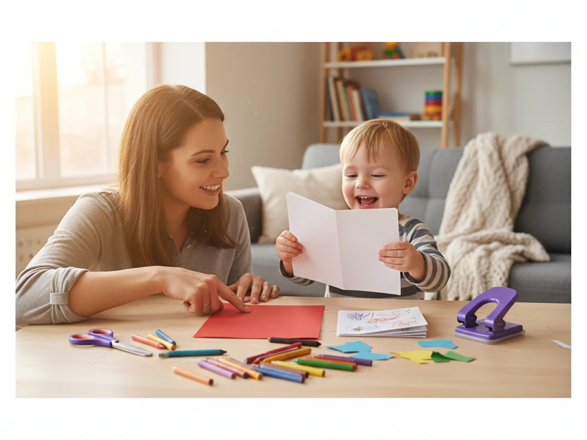 A mom and young child sitting together at a craft table, excitedly preparing to make a handmade paper booklet