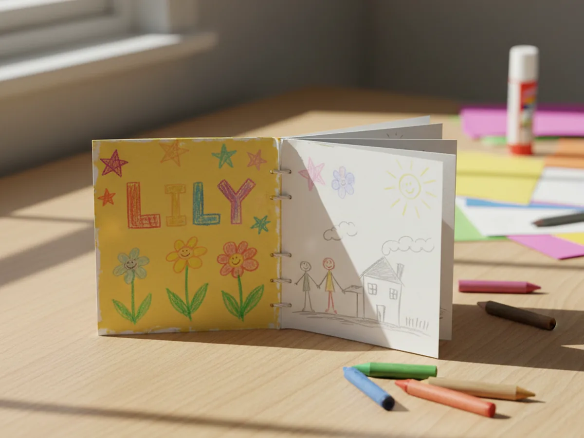 Finished handmade mini paper booklet with a bright decorated cardstock cover lying open on a craft table with crayons nearby