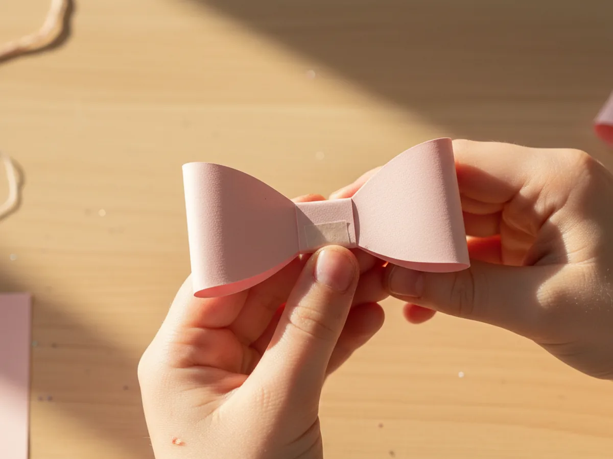 A small pink paper strip being wrapped snugly around the pinched middle of a figure eight paper bow loop with the ends being pressed and taped together at the back of the bow