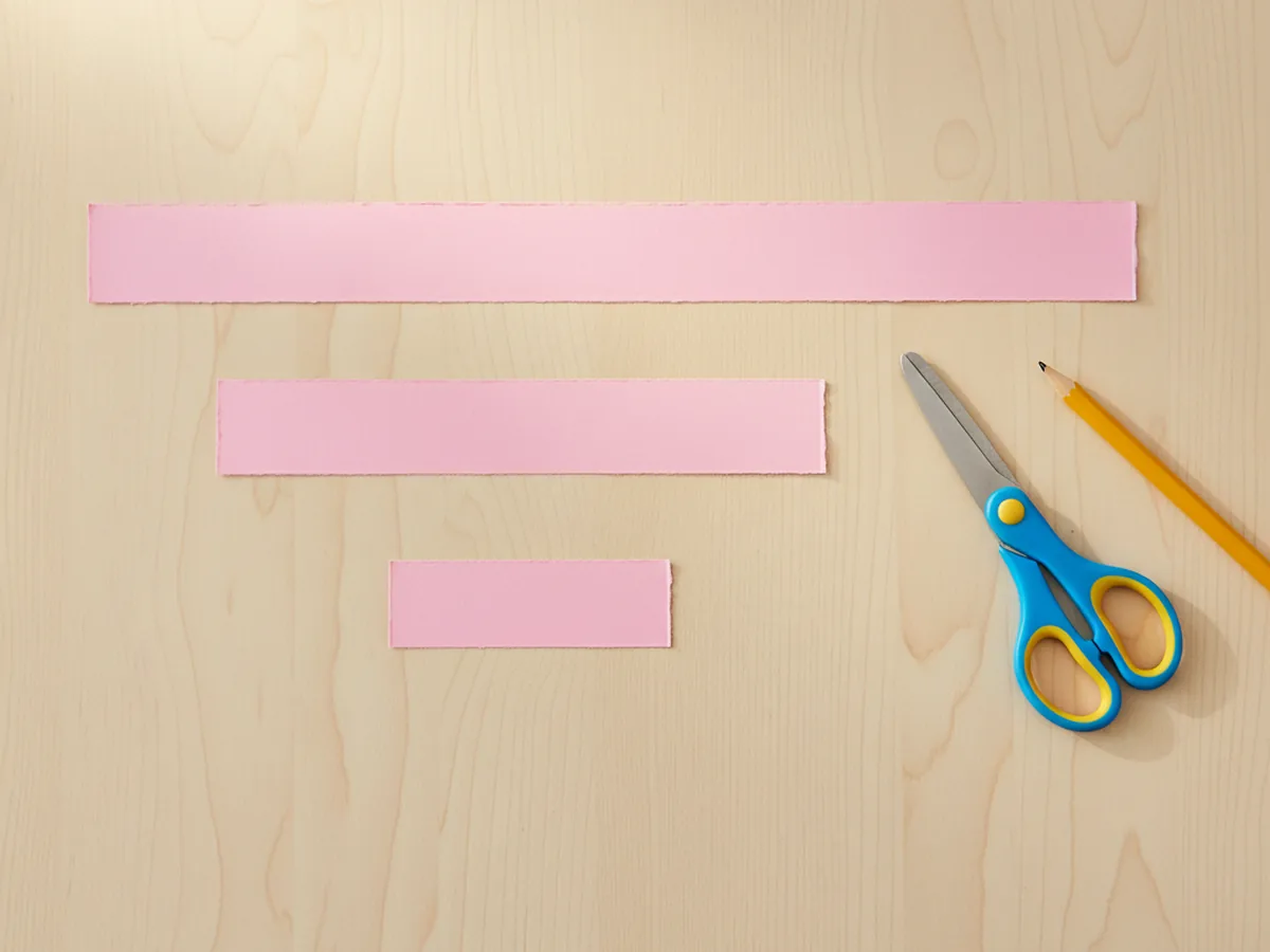 Three pink cardstock paper strips of different lengths lying side by side on a light wood craft table next to kid scissors and a pencil ready to be made into a paper bow