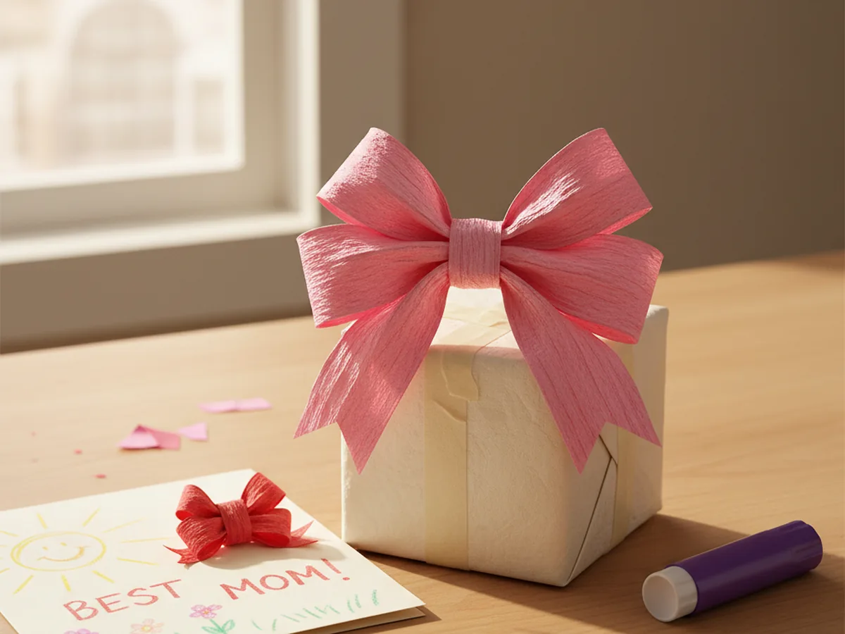 A finished handmade pink paper bow taped on top of a small wrapped gift box on a light wood table next to a homemade card and a second smaller paper bow in red for display