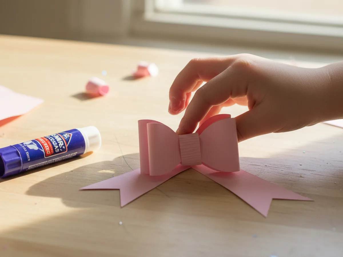 A completed pink paper bow with two soft loops and a wrapped center band being pressed onto the middle of a notched paper tail strip on a craft table with a purple glue stick beside it