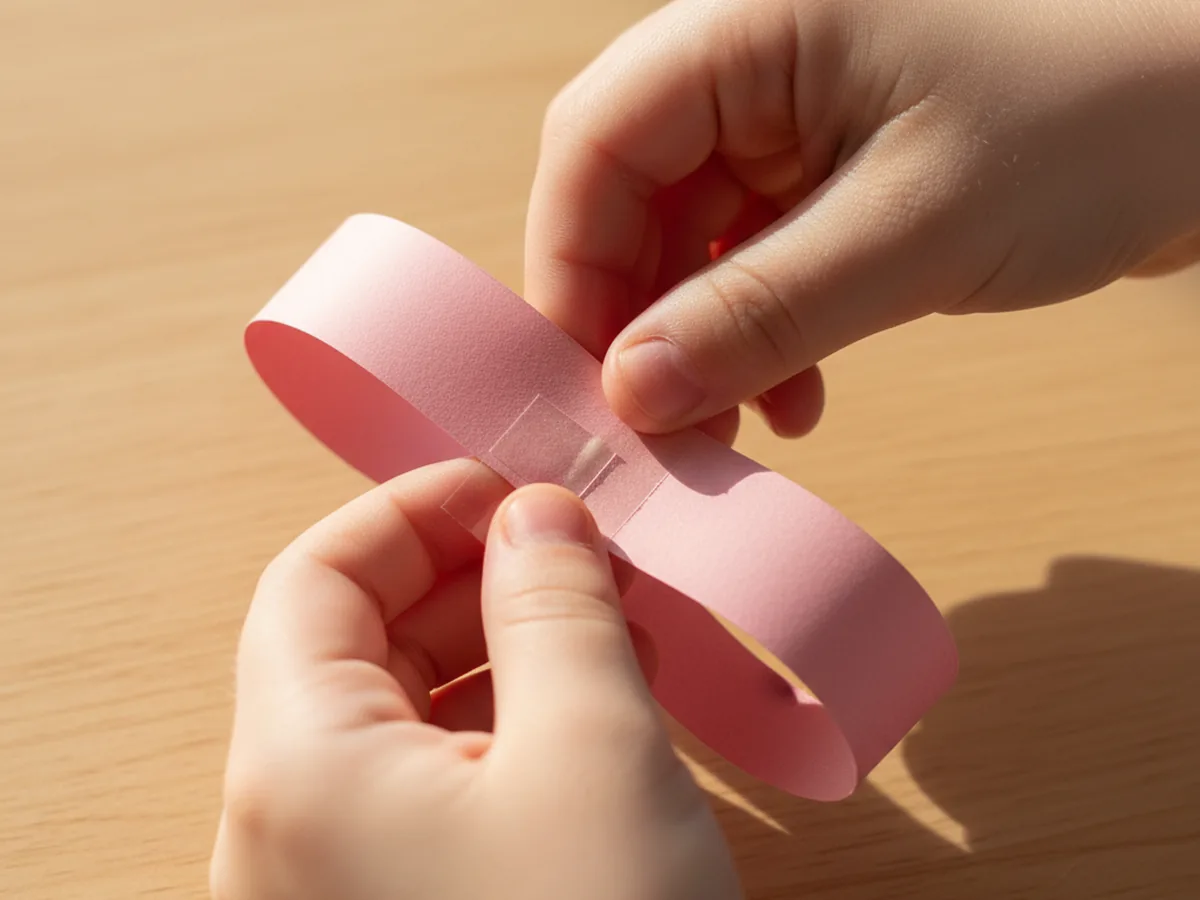 A child's hands pinching the middle of a long pink paper strip whose two ends have been brought into the center to form two soft loops creating the main bow shape