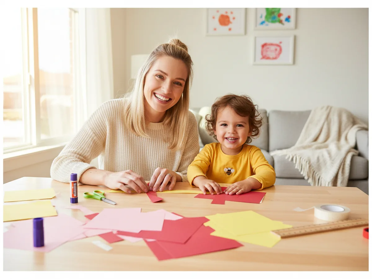 A mom and young child sitting at a craft table with colorful cardstock paper strips, kid scissors, a purple glue stick, and a roll of double sided tape getting ready to make a paper bow craft together