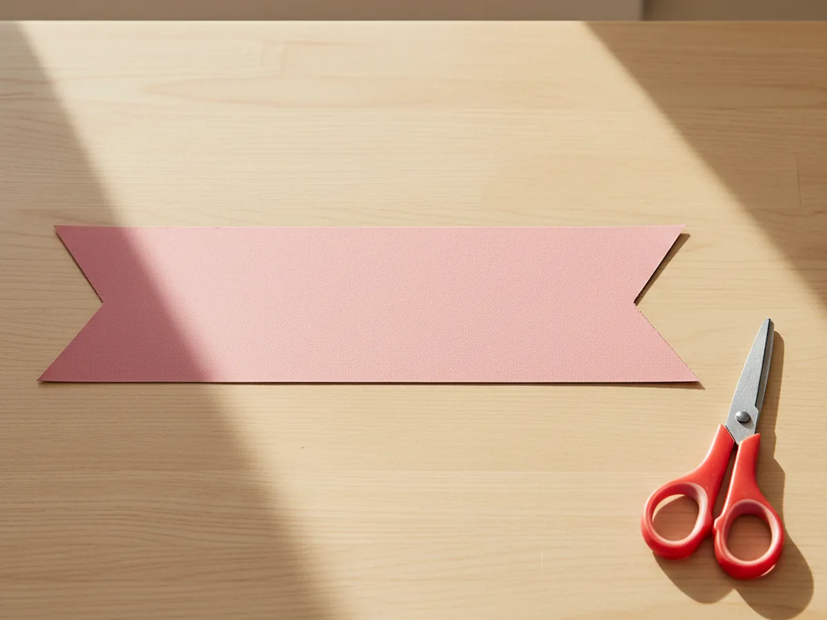 A medium length pink paper strip with a small upside down V notch cut into each end to form the tails of a paper bow lying on a craft table with kid scissors beside it