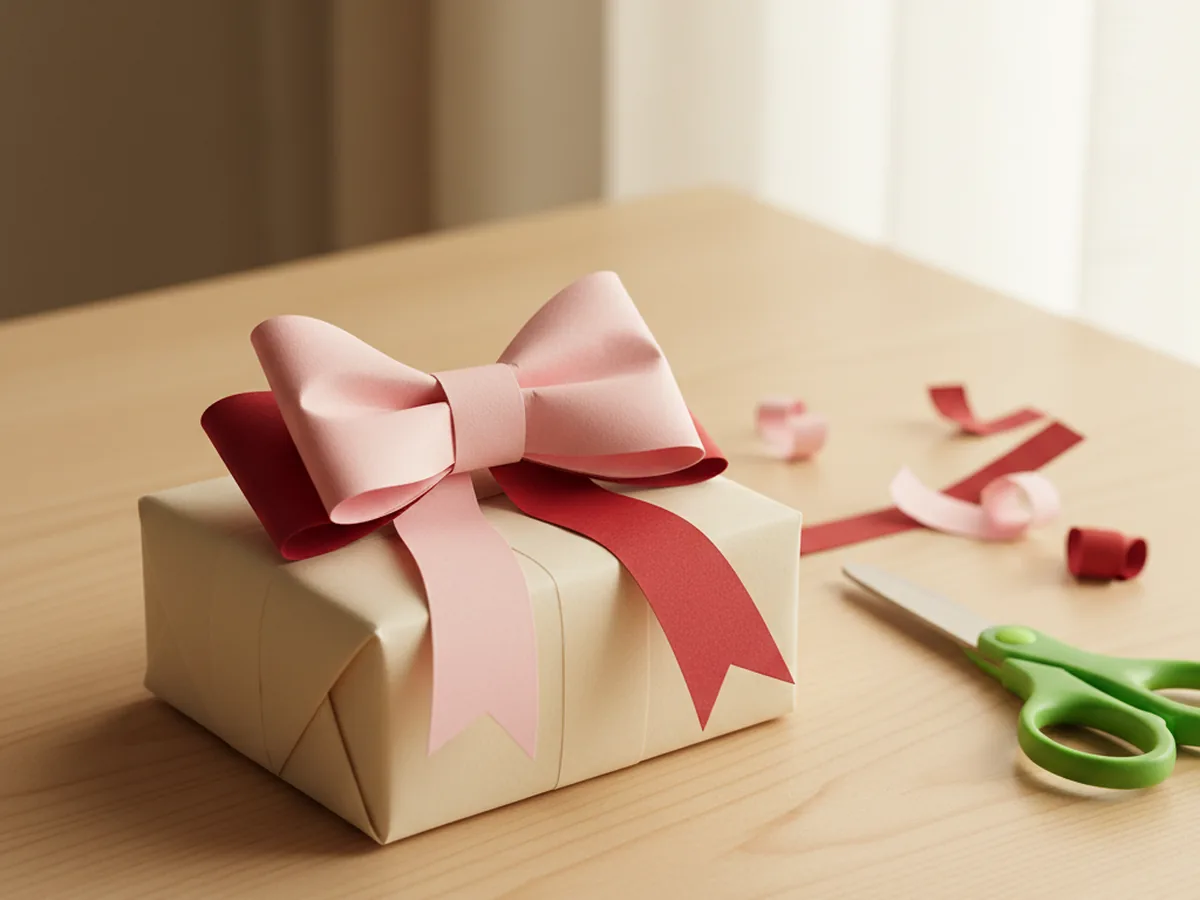 A finished handmade pink and red paper bow with two soft loops, a wrapped center band, and notched ribbon tails sitting on top of a wrapped gift on a light wood craft table