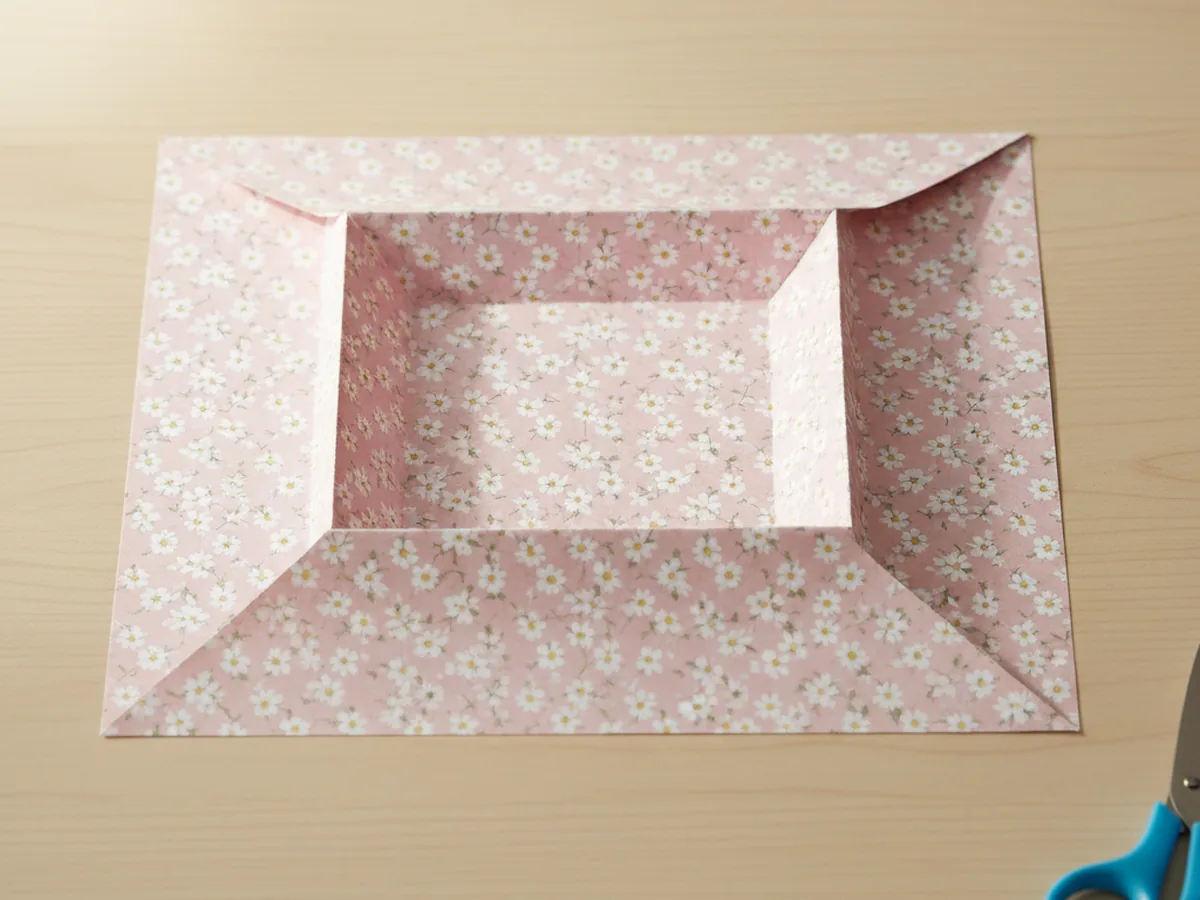 A square sheet of pastel pink patterned cardstock with all four corners folded to meet in the center forming a smaller square with four triangular diamond flaps pointing inward
