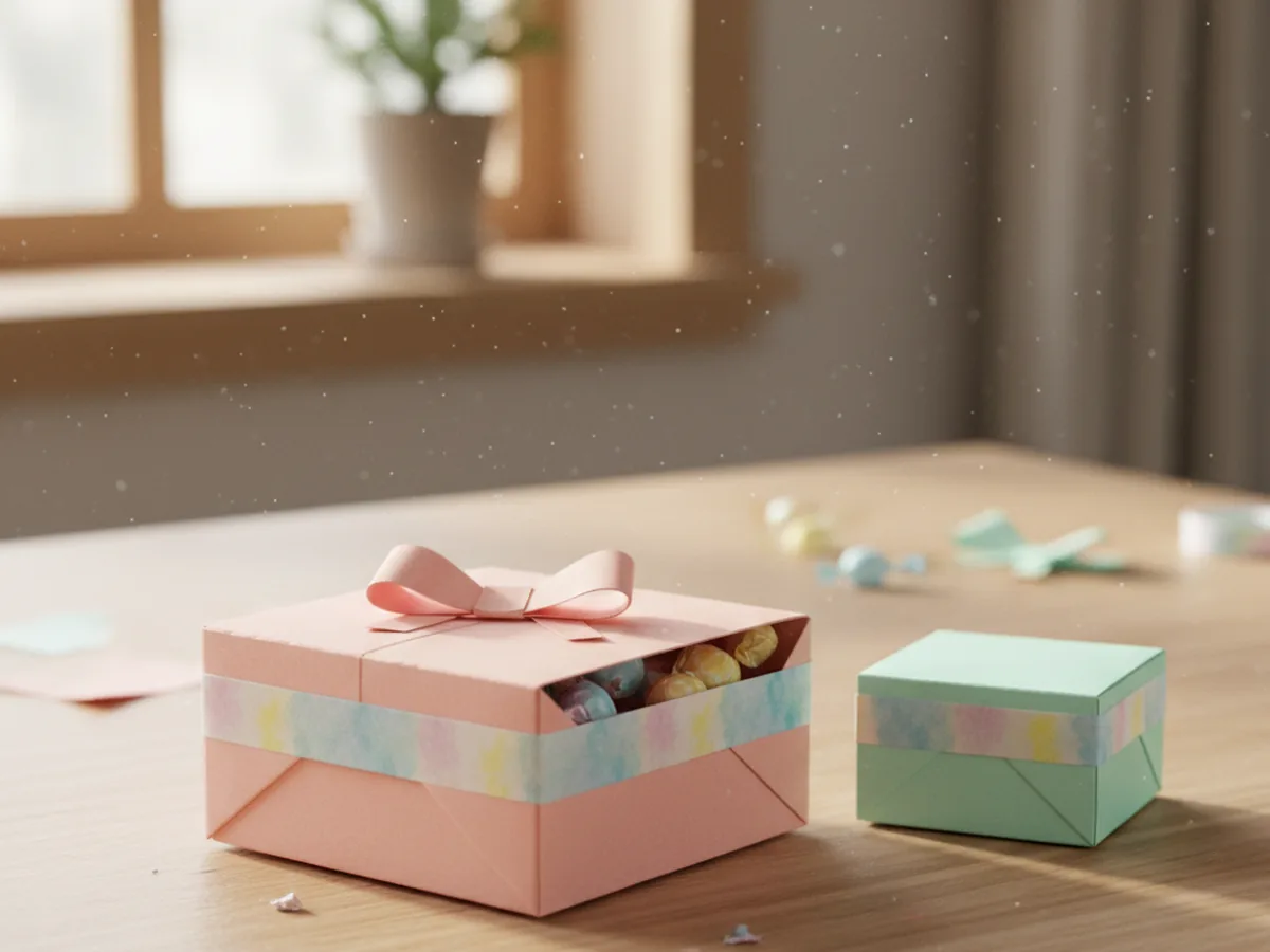 A finished pastel pink folded paper gift box decorated with a colorful washi tape band around the rim and a small handmade paper bow on top sitting next to a second smaller box on a craft table
