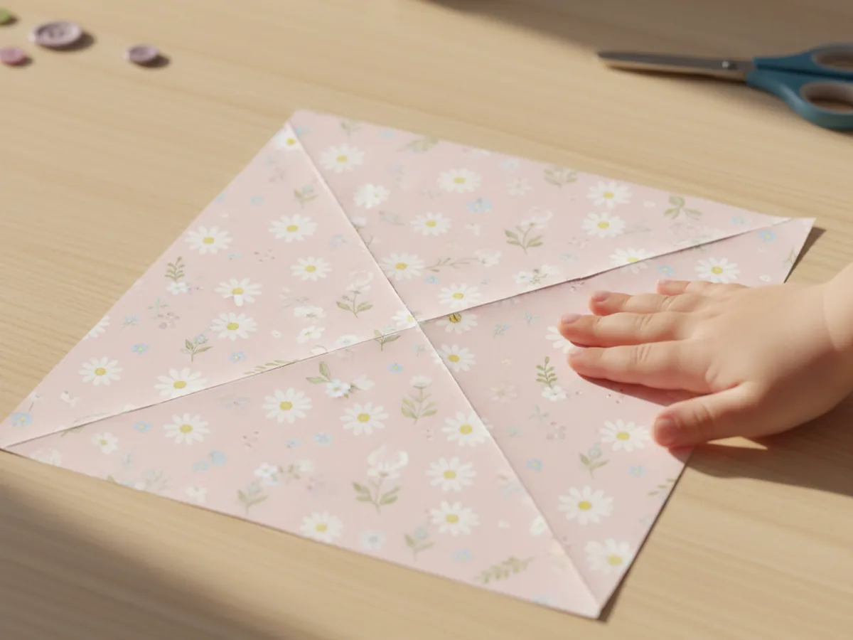 A pastel pink and floral patterned square sheet of cardstock lying flat on a light wood craft table showing two sharp diagonal creases forming an X from corner to corner