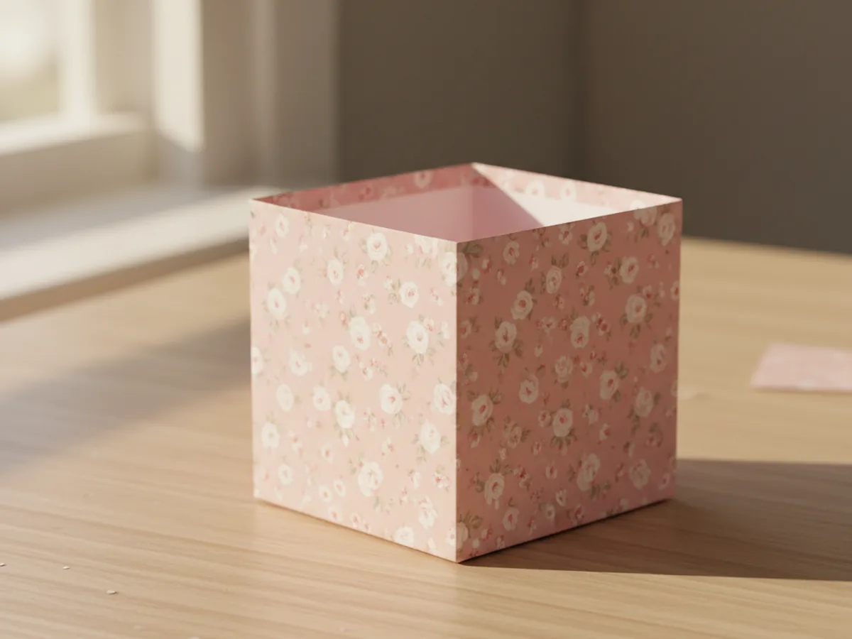 A finished handmade pastel pink and floral patterned paper gift box standing upright on a light wood craft table with crisp folded walls and a neat square shape