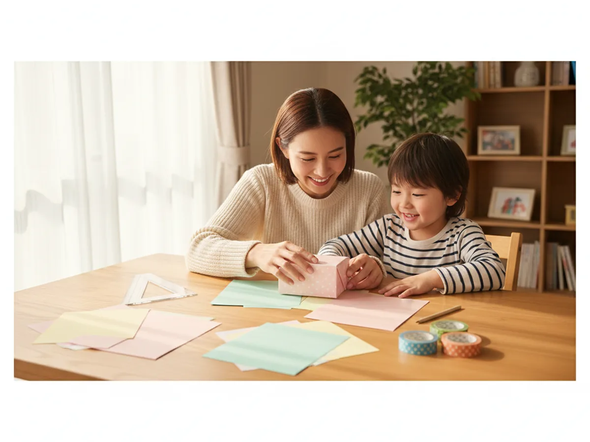 A mom and young child sitting at a light wood craft table with several square sheets of pastel patterned paper, a ruler, and rolls of washi tape, smoothing out folds together to make a paper gift box