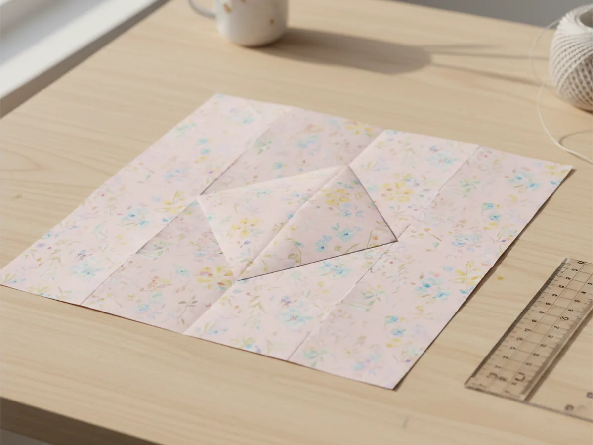 A pastel pink patterned paper square with corners folded inward and additional horizontal and vertical creases forming a clear tic tac toe grid pattern across the surface