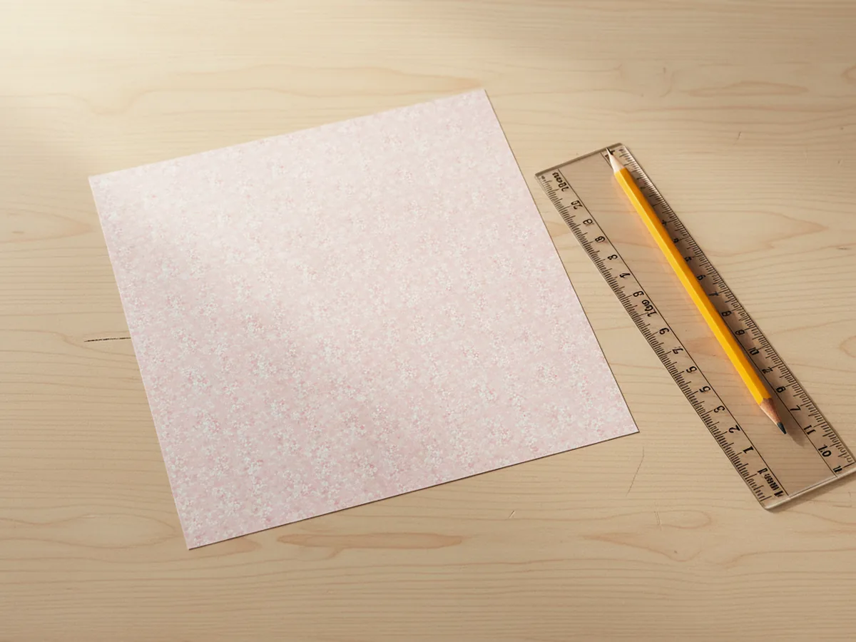 A square sheet of pastel pink and floral patterned cardstock lying patterned side down on a light wood craft table next to a clear acrylic ruler and a pencil, ready to be folded into a paper box