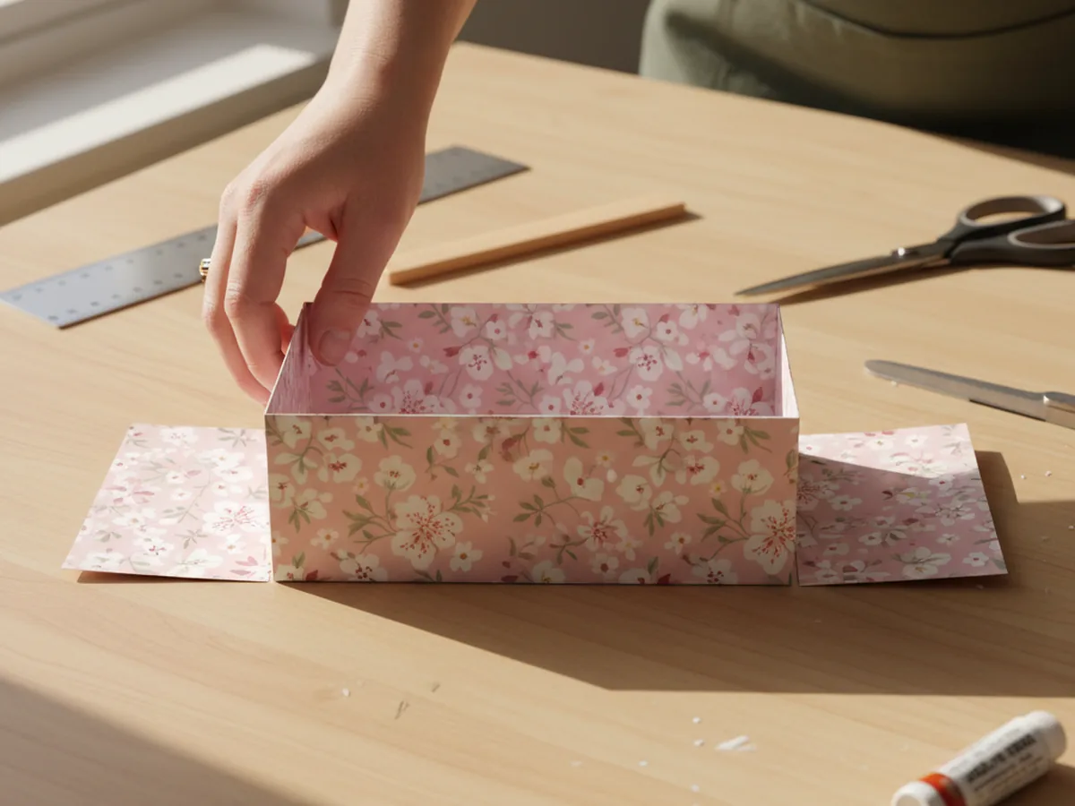 A pastel pink patterned paper being folded into a partially formed gift box with two side walls standing up and two pointed end flaps still sticking outward flat on a craft table