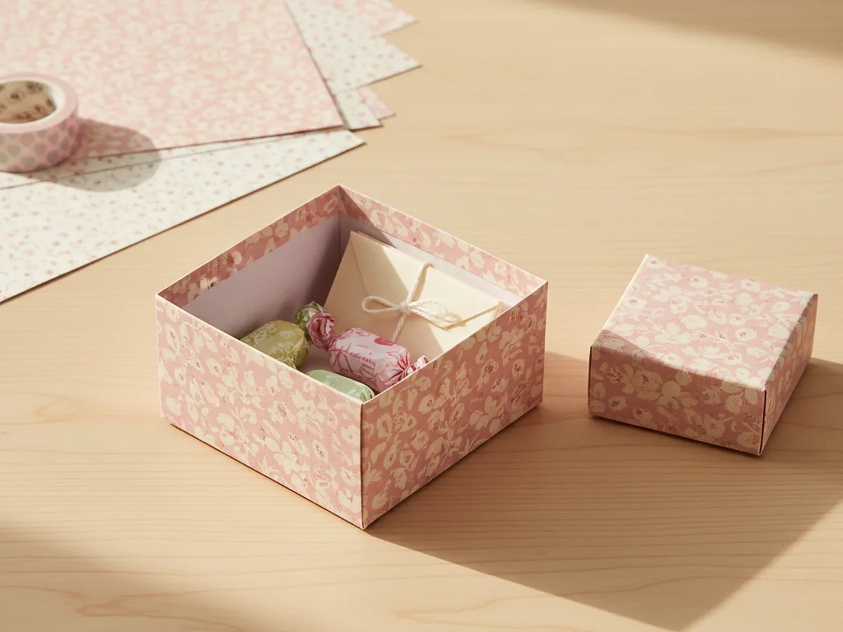 A finished handmade folded paper gift box in soft pink with floral pattern sitting on a light wood craft table, the lid open showing a few small treats inside