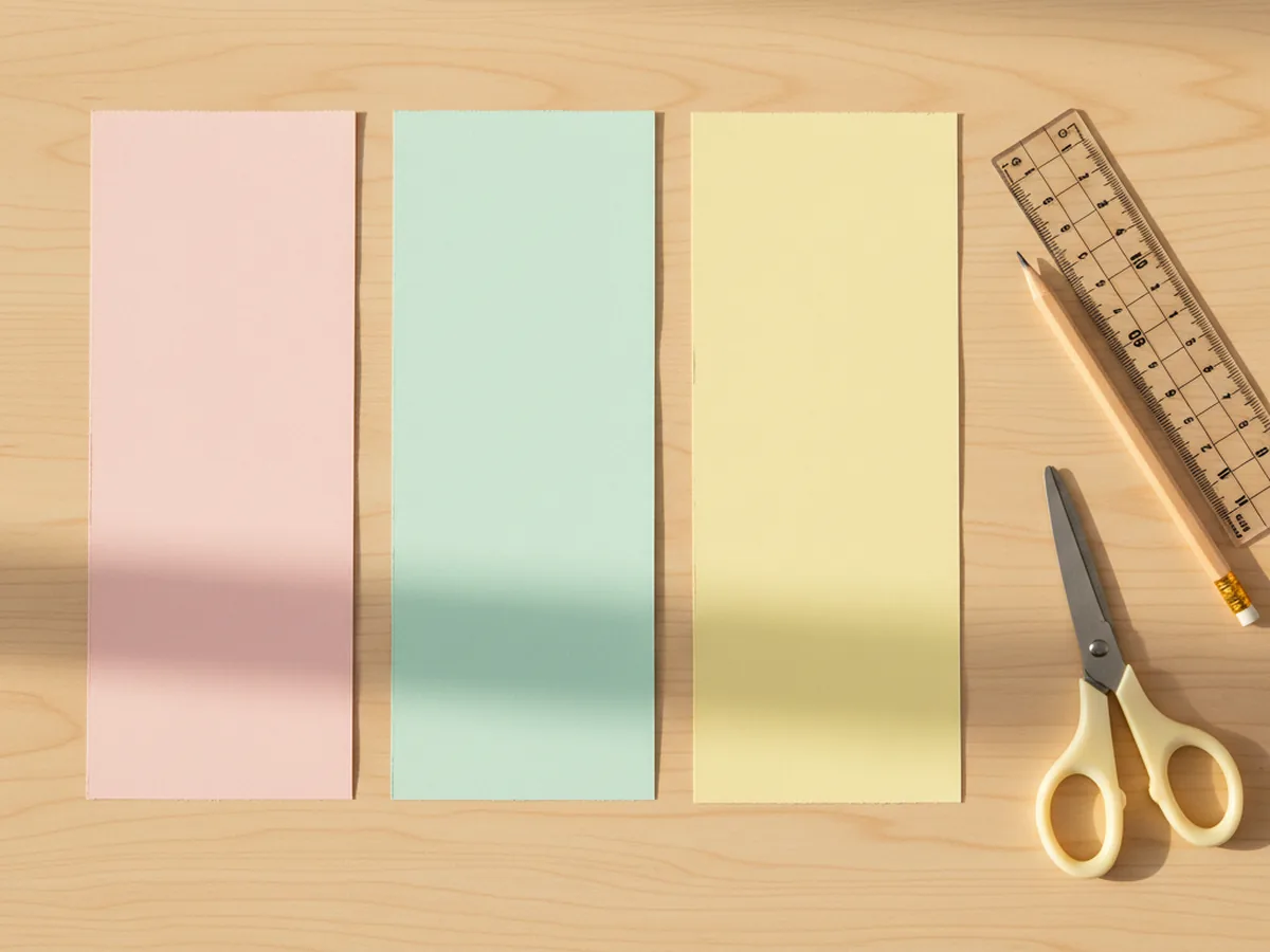 Three rectangle cardstock strips laid out flat on a light wood craft table in pastel pink, mint green and pale yellow, each three inches tall and progressively shorter from twelve to nine to six inches wide, with scissors and a ruler beside them