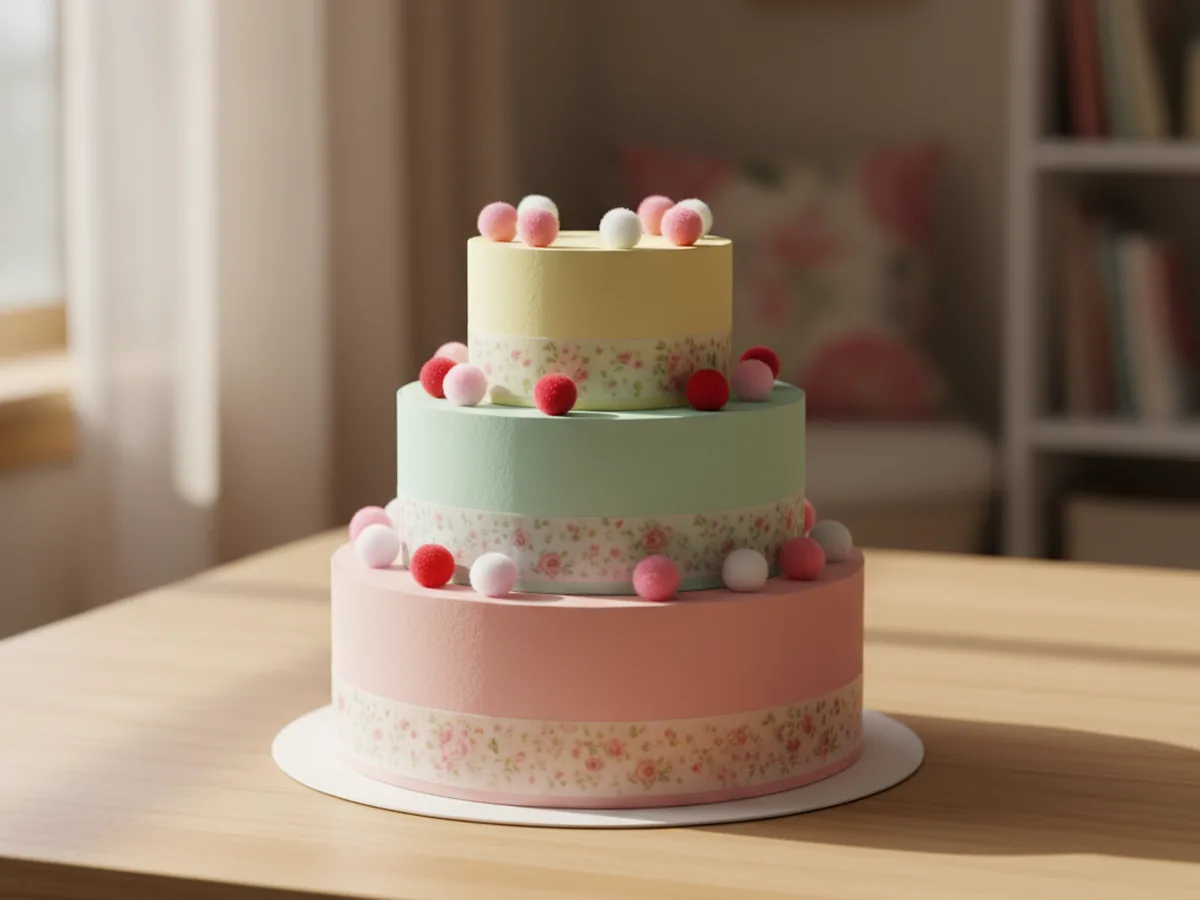 The three tier handmade paper cake decorated with floral washi tape bands around each tier and tiny pink red and white pom poms glued around the top edge of every tier like sprinkles and cherries