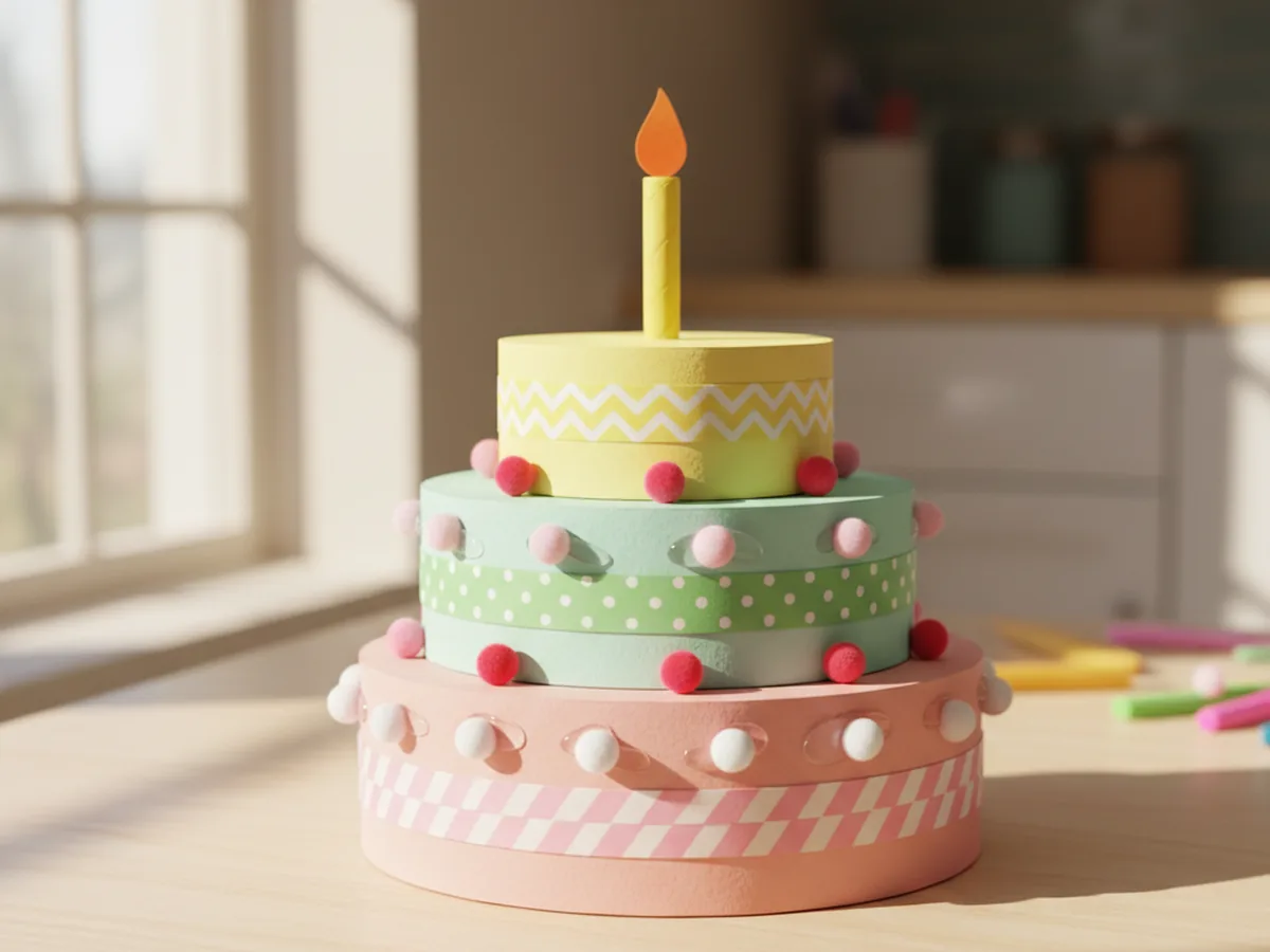The completed three tier handmade paper birthday cake on a light wood craft table topped with a small yellow rolled paper candle and orange teardrop paper flame ready for pretend play