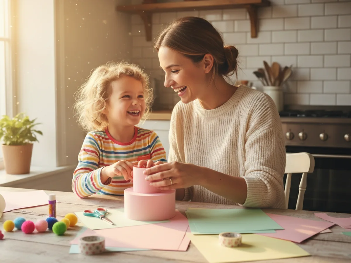 A mom and a young child sitting at a light wood craft table with pastel pink, mint and yellow cardstock, scissors, a roll of washi tape and small pom poms, smiling as they start to build a tiered paper birthday cake together