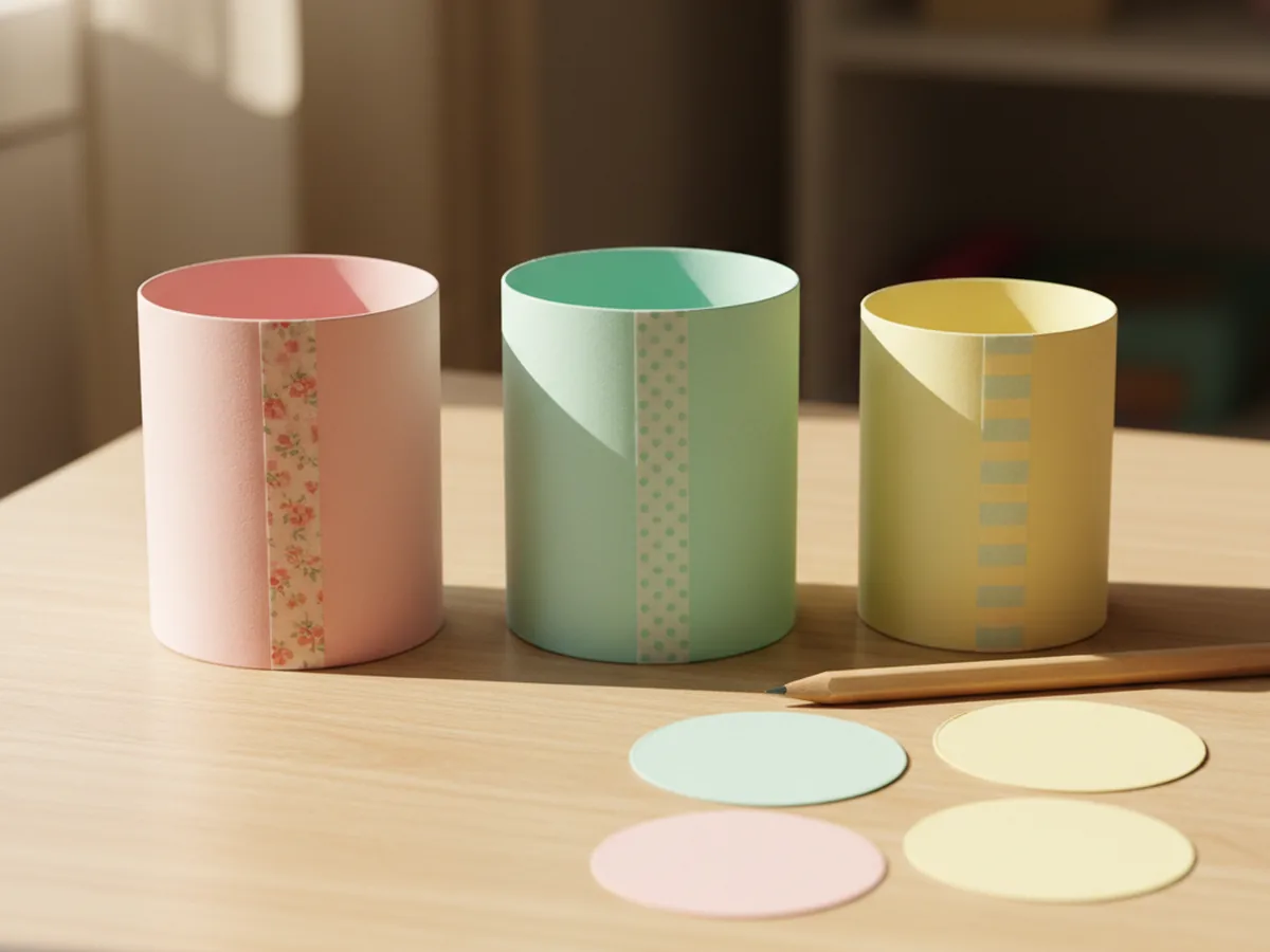 Three pastel cardstock cylinders in pink, mint and yellow standing upright on a light wood craft table, each one a different size with the largest on the left, washi tape holding each side seam closed
