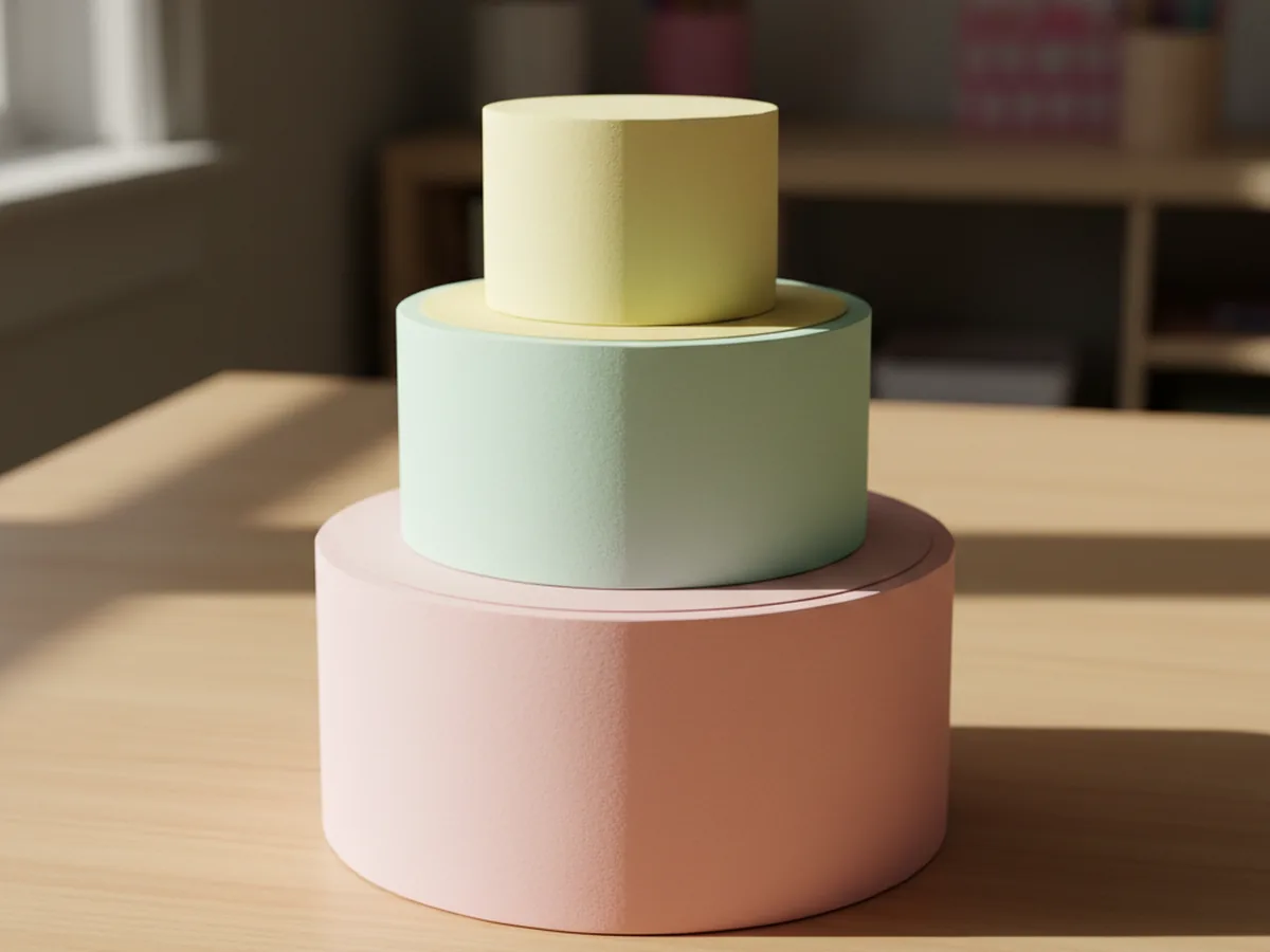 A plain three tier handmade paper cake assembled on a light wood craft table with the largest pink tier on the bottom mint green in the middle and pale yellow on top, all aligned centered and standing upright
