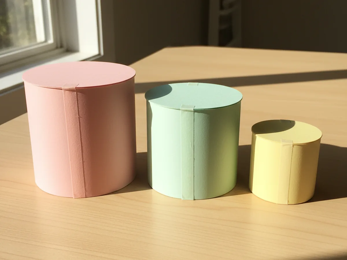 Three pastel cardstock cylinders standing on a light wood craft table each topped with a matching slightly larger flat circle in pink mint and yellow forming three small paper cake tiers with frosted looking tops