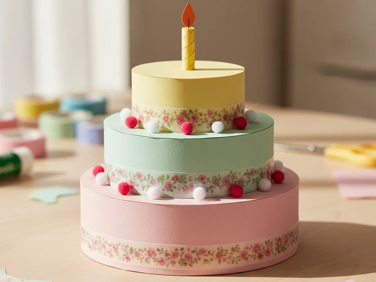 A finished three tier handmade paper birthday cake in soft pink, mint green and pale yellow with washi tape frosting bands, tiny pom pom cherries around the edges and a yellow paper candle on top, sitting on a light wood craft table