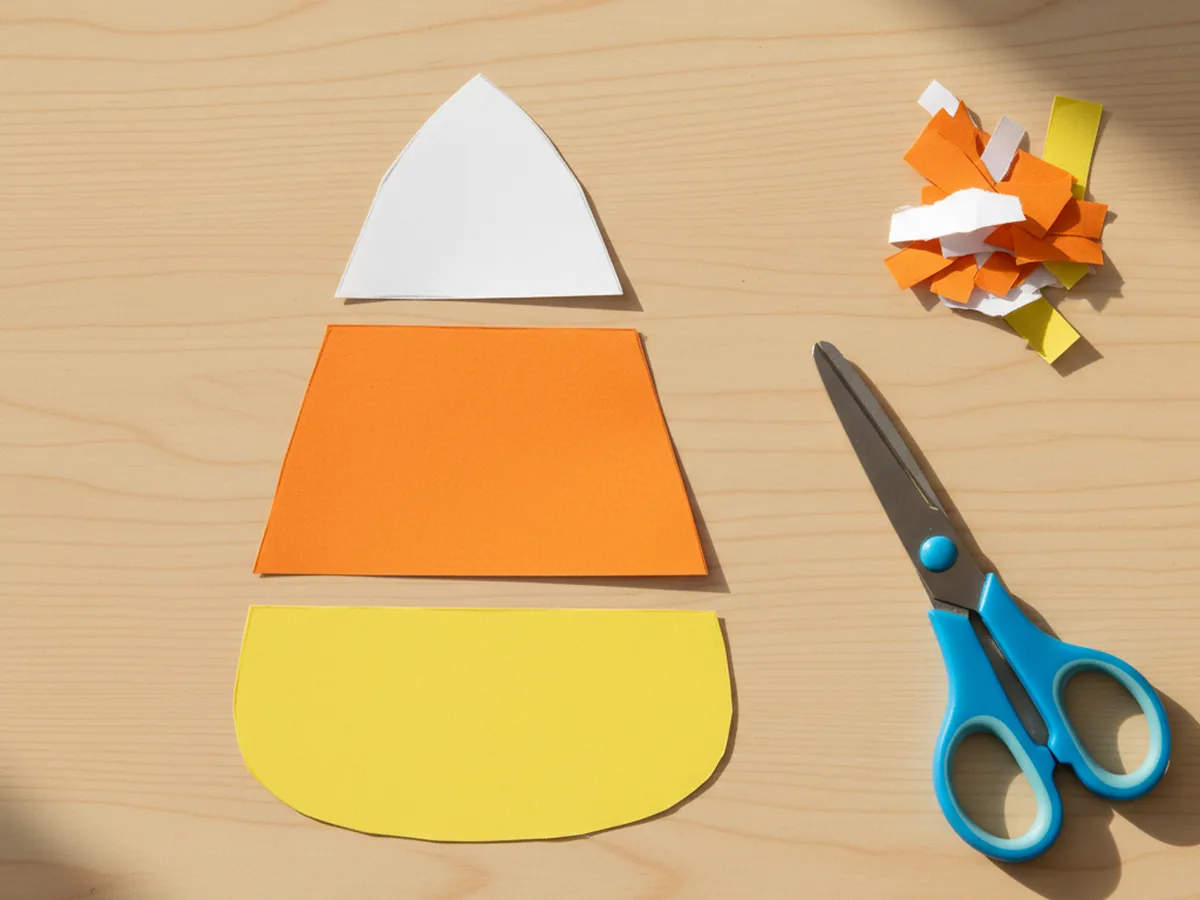 The small white pointed top band the orange middle band and the wider yellow bottom band of a paper candy corn laid out separately in a vertical row on a light wood craft table showing the candy corn shape ready to be glued together