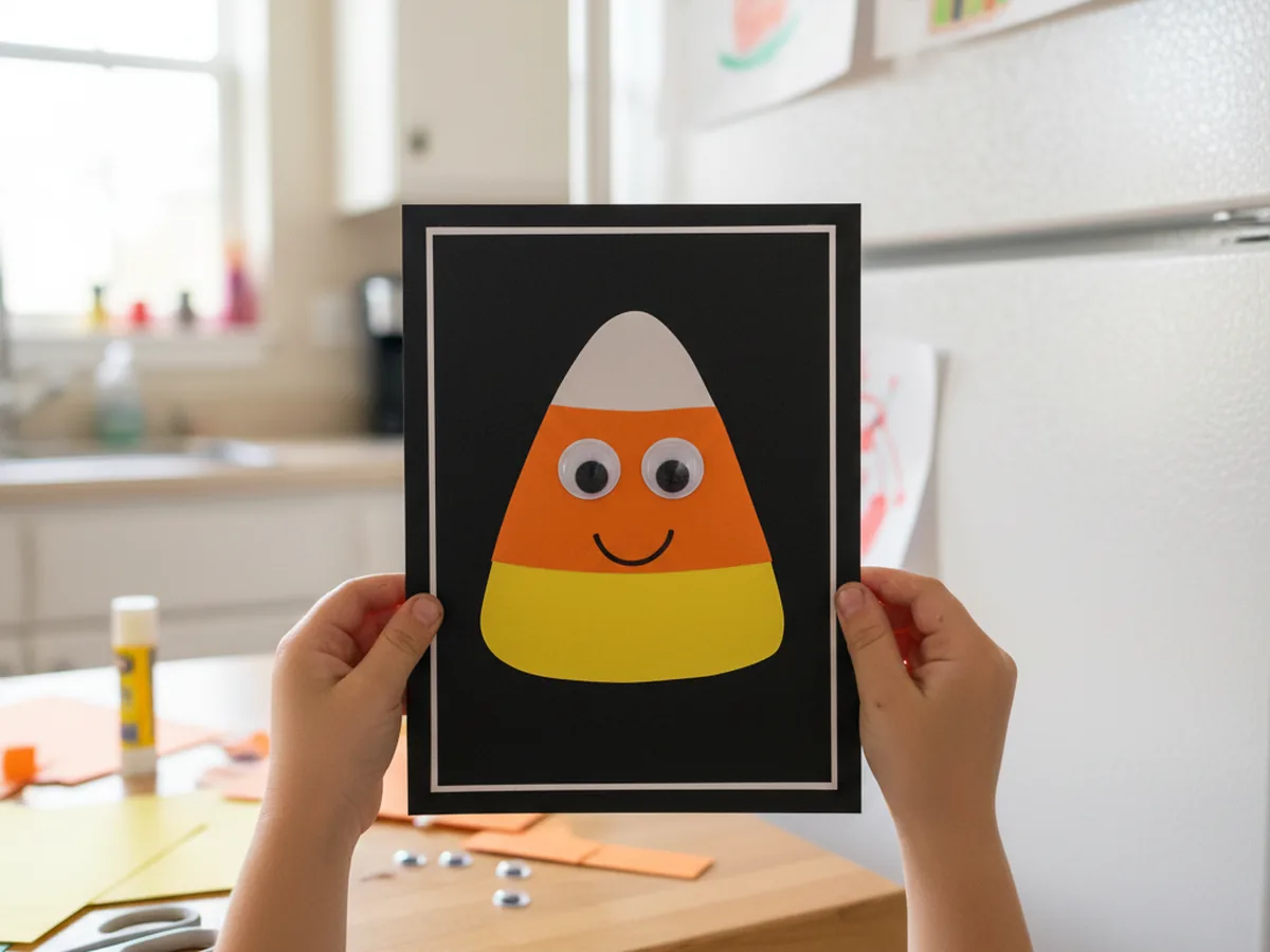 The completed candy corn paper craft with googly eyes and smiling face now mounted on a black cardstock backing with a thin border being held up by small hands in front of a refrigerator door ready to be displayed as fall Halloween decoration