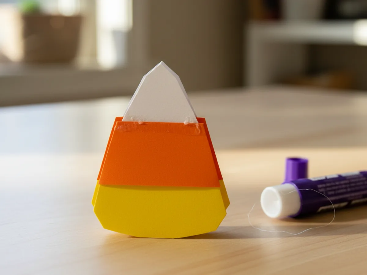 The three colored paper bands now glued together in the correct candy corn order with the white pointed top on top the orange band in the middle and the wide yellow band at the bottom forming a finished large paper candy corn shape on a light wood craft table