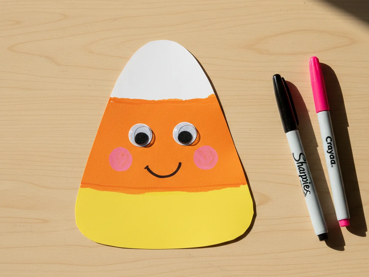 The assembled paper candy corn now decorated with two small googly eyes a curved black smiling mouth and two small pink rosy cheeks drawn on the orange middle band giving it a friendly cartoon character face sitting flat on a light wood craft table