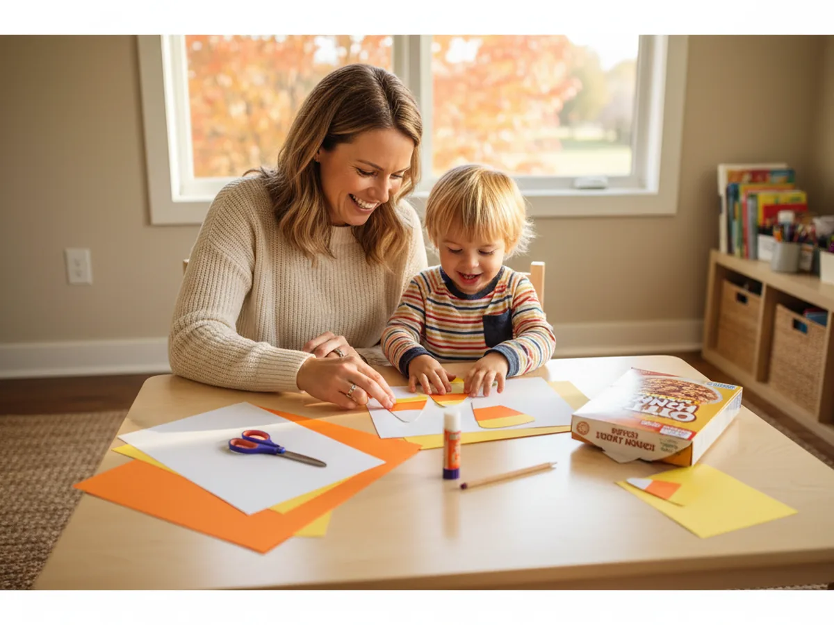 A mom and a young child sitting at a light wood craft table together with white orange and yellow construction paper kid scissors a glue stick and a pencil smiling as they get ready to make a candy corn paper craft