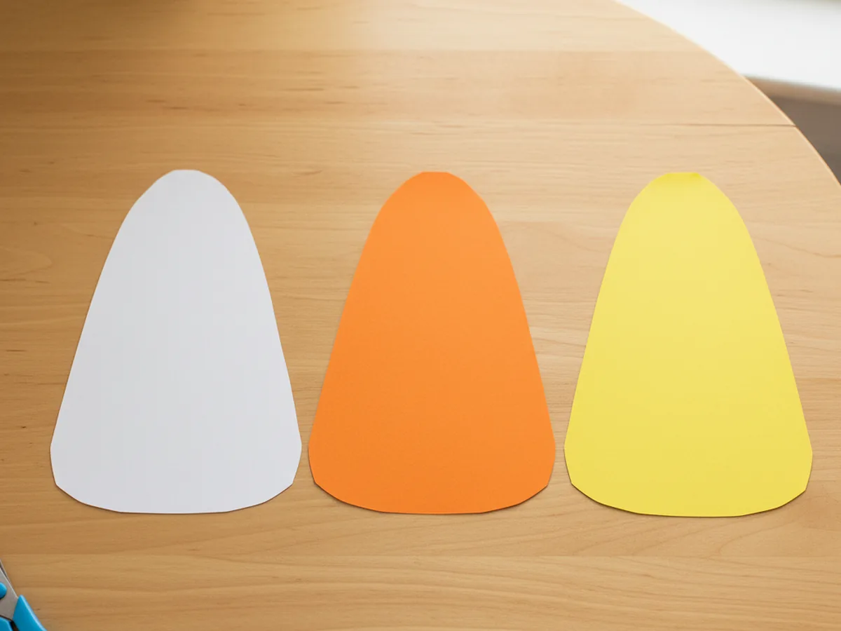 Three matching candy corn triangle shapes one cut from white construction paper one from orange construction paper and one from yellow construction paper laid flat side by side on a light wood craft table next to kid scissors and a glue stick