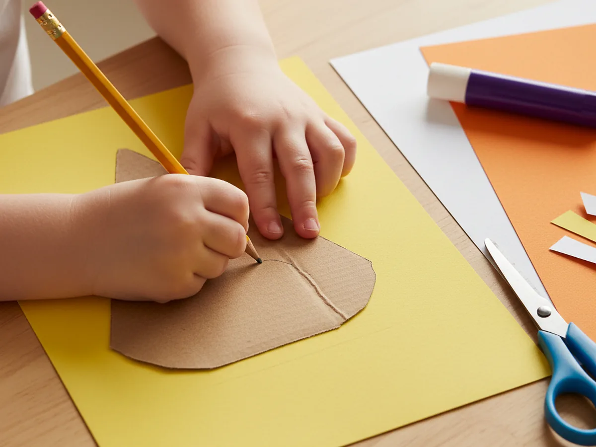 A child's hand tracing a tall rounded triangle template onto a sheet of yellow construction paper with a pencil with white and orange construction paper sheets and a cereal box template waiting on the side of a light wood craft table