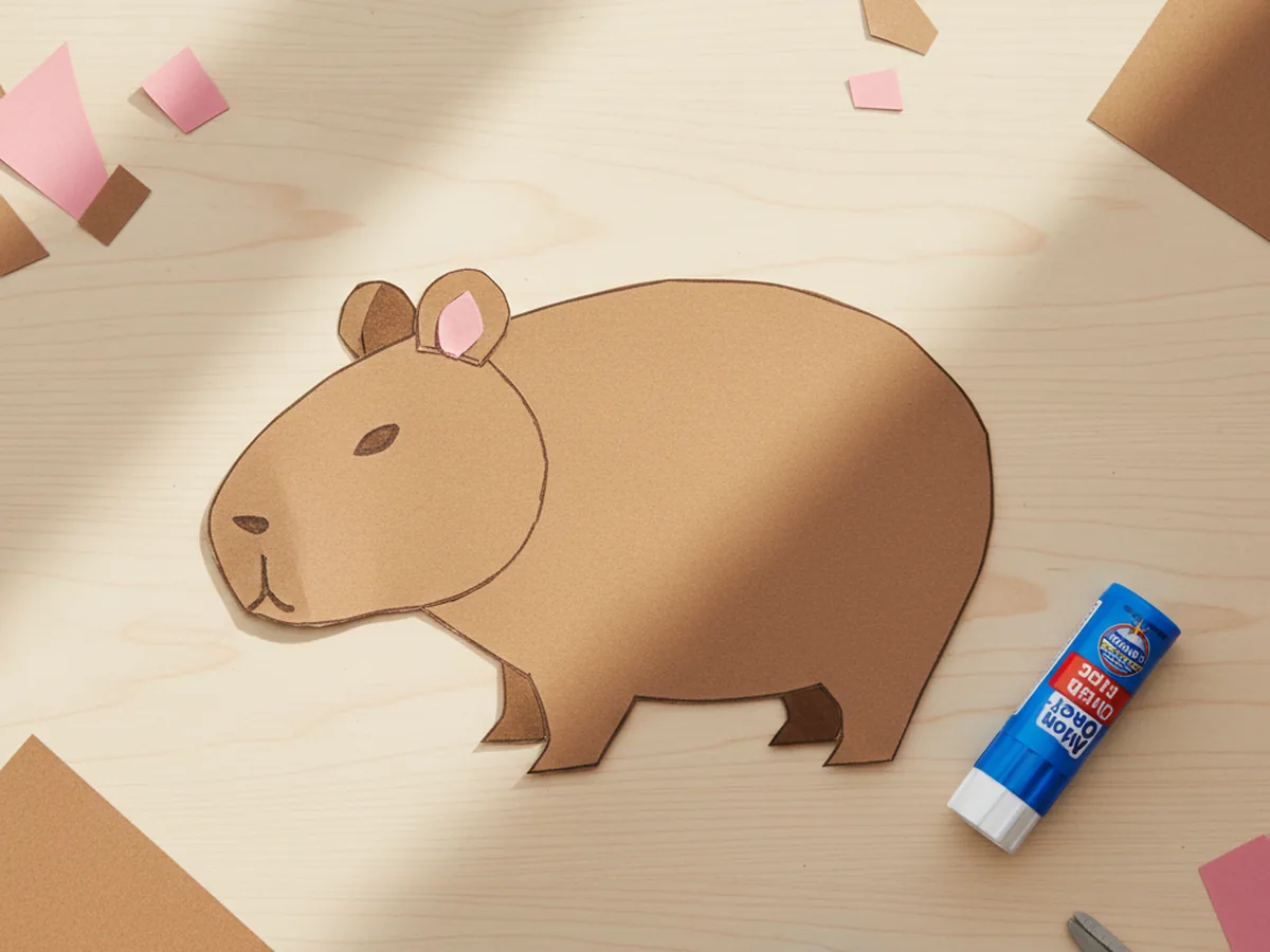Two small rounded brown paper ears with pink inner ear ovals glued to the top of the head of a paper capybara craft