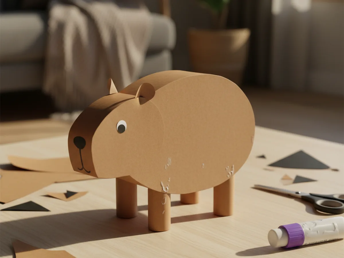 Two small black paper eyes and a tiny black paper nose glued onto the head of a paper capybara craft on a craft table